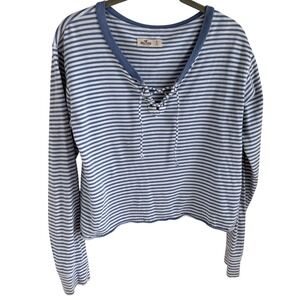 Hollister Y2K‎ 90s Mallcore Blue White Stripe Lace Up Cropped Long Sleeve Top S